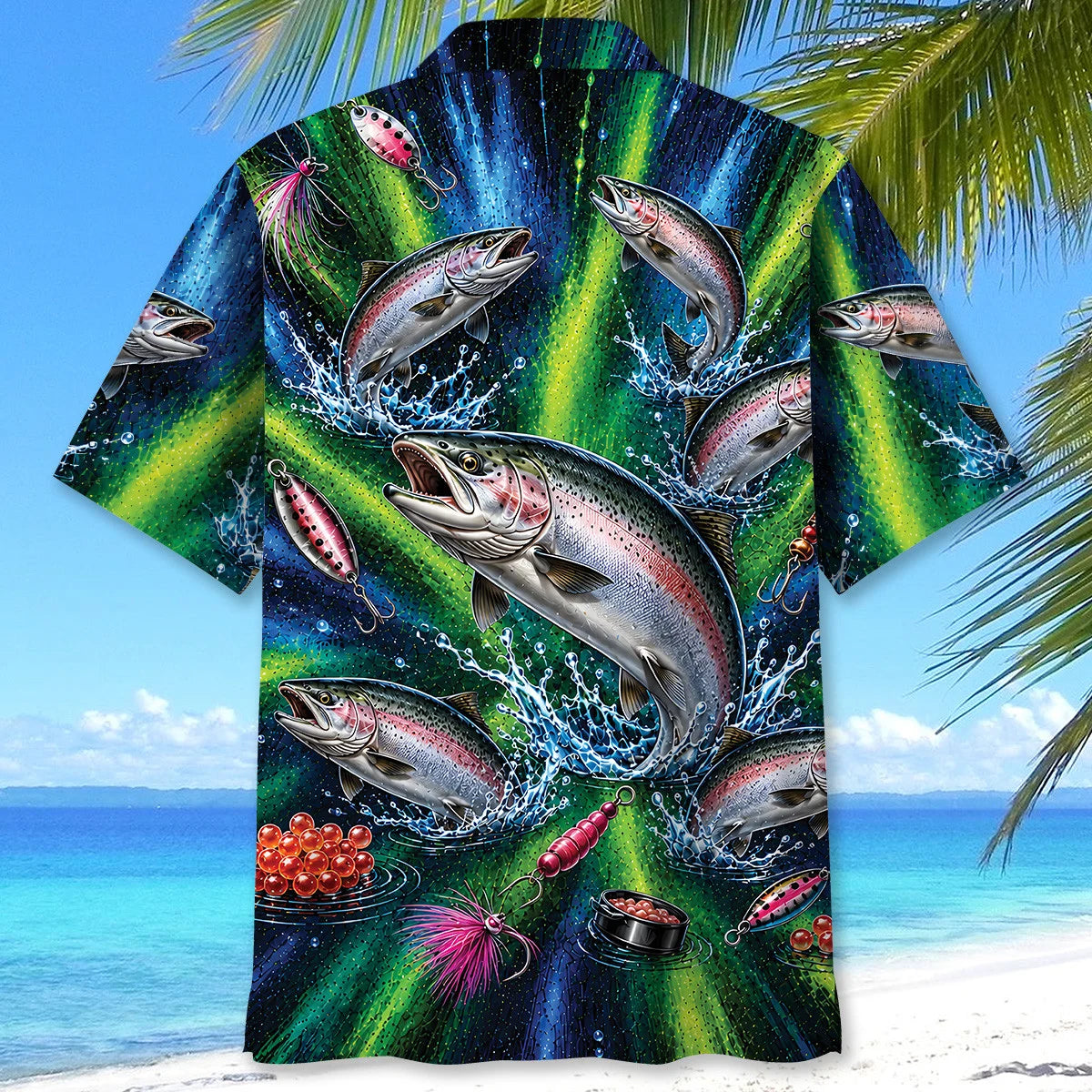 Salmon Fishing Lures Blue Green Hawaiian Shirt