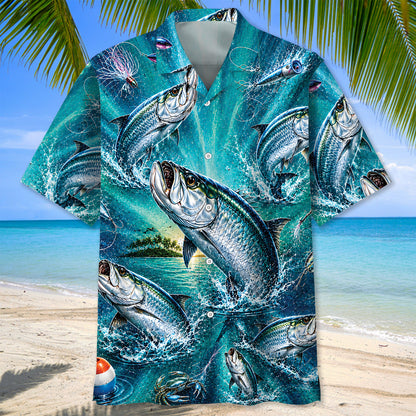 Tarpon Fishing Ocean Sunset Blue Hawaiian Shirt