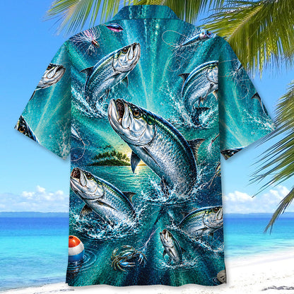 Tarpon Fishing Ocean Sunset Blue Hawaiian Shirt