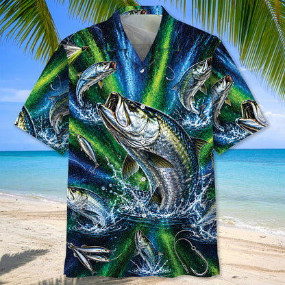 Tarpon Fishing Splash Blue Green Hawaiian Shirt