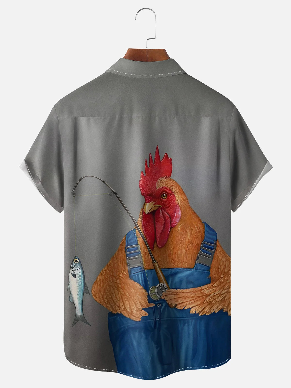Funny Rooster Fisherman Overalls Gray Fishing Shirt