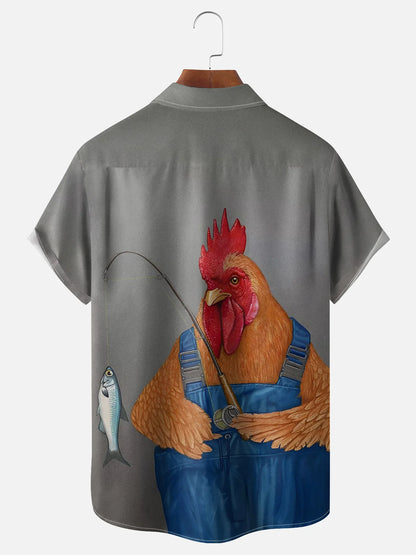 Funny Rooster Fisherman Overalls Gray Fishing Shirt