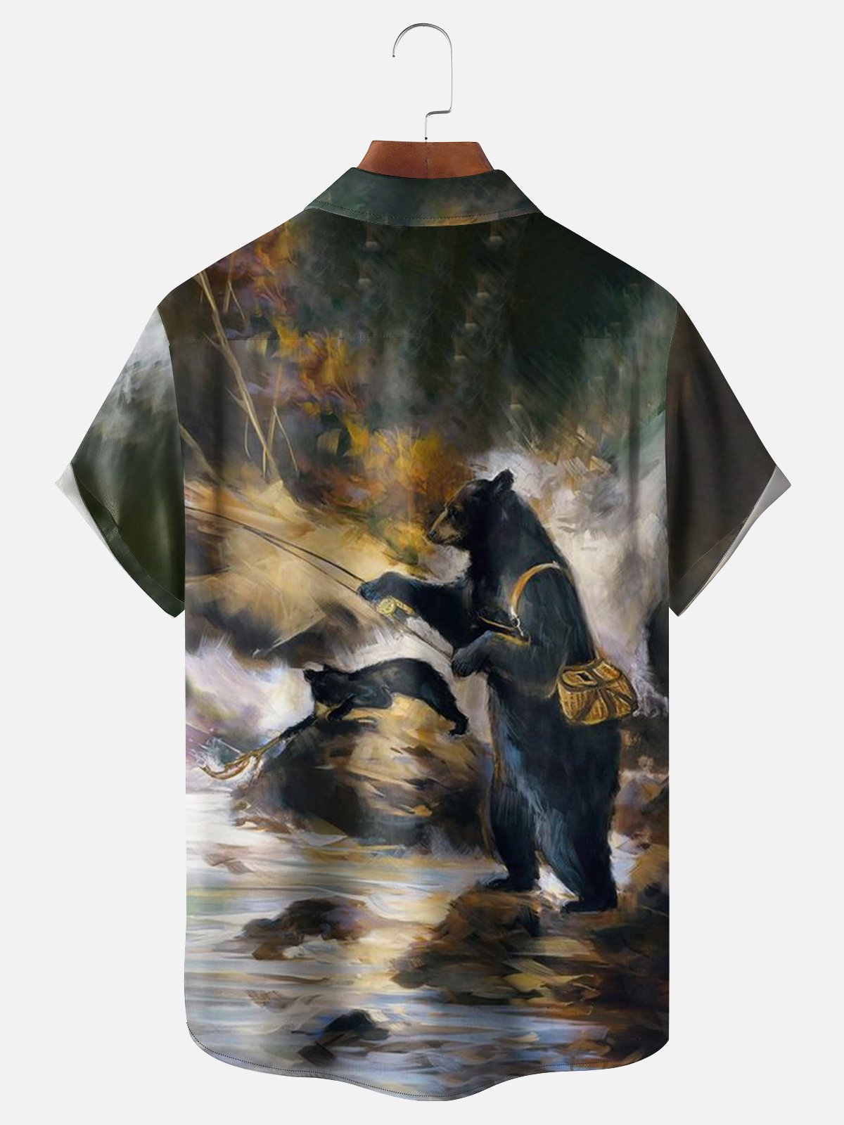 Oil Painting Black Bear Fly Fishing Forest Camp Shirt