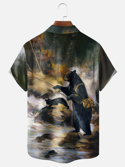 Oil Painting Black Bear Fly Fishing Forest Camp Shirt