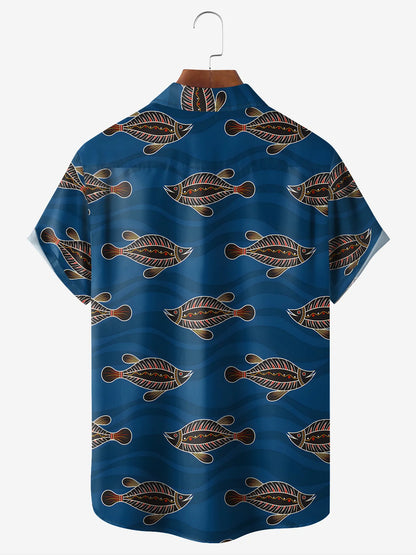 Navy Blue Aboriginal Tribal Flatfish Pattern Camp Shirt