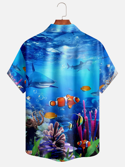 Blue Ocean Shark Clownfish Coral Reef Hawaii Camp Shirt