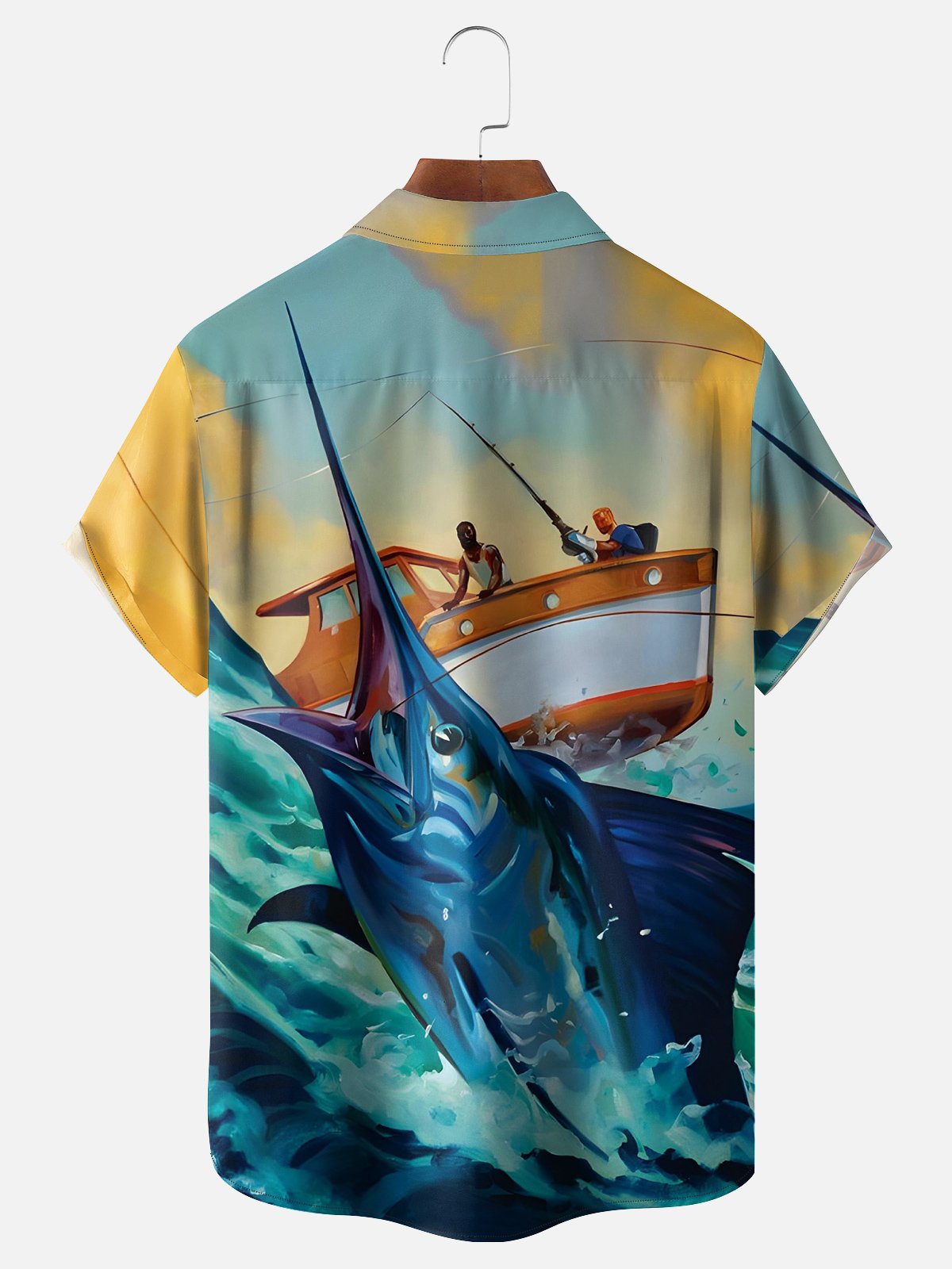 Blue Marlin Jumping Boat Ocean Sport Fishing Camp Shirt