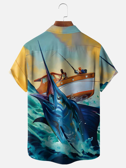 Blue Marlin Jumping Boat Ocean Sport Fishing Camp Shirt