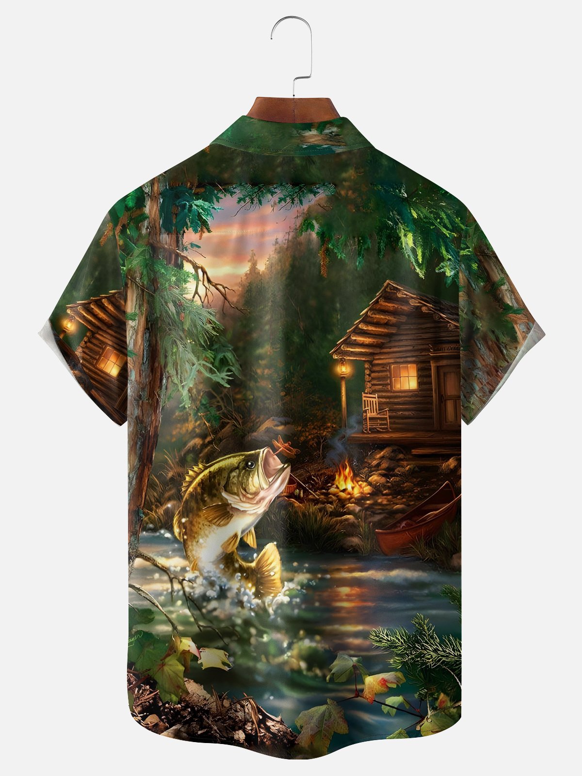 Bass Fish Jumping Forest Log Cabin Campfire Camp Shirt