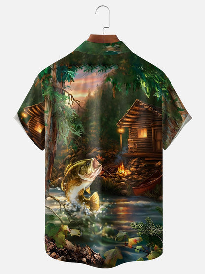 Bass Fish Jumping Forest Log Cabin Campfire Camp Shirt