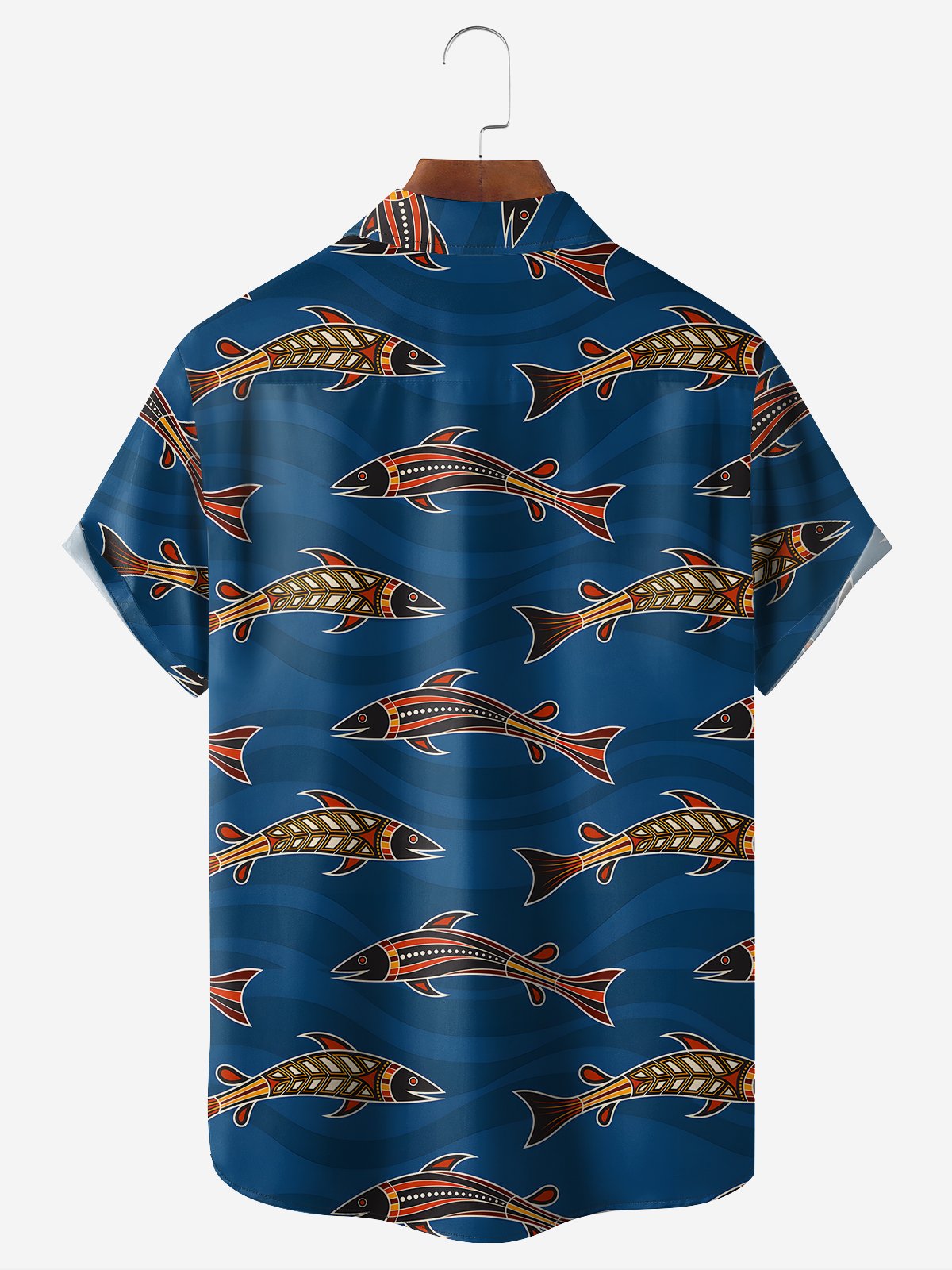 Navy Blue Tribal Indigenous Art Fish Pattern Camp Shirt