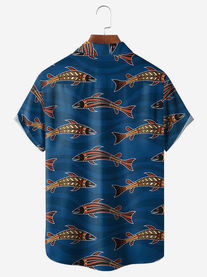 Navy Blue Tribal Indigenous Art Fish Pattern Camp Shirt