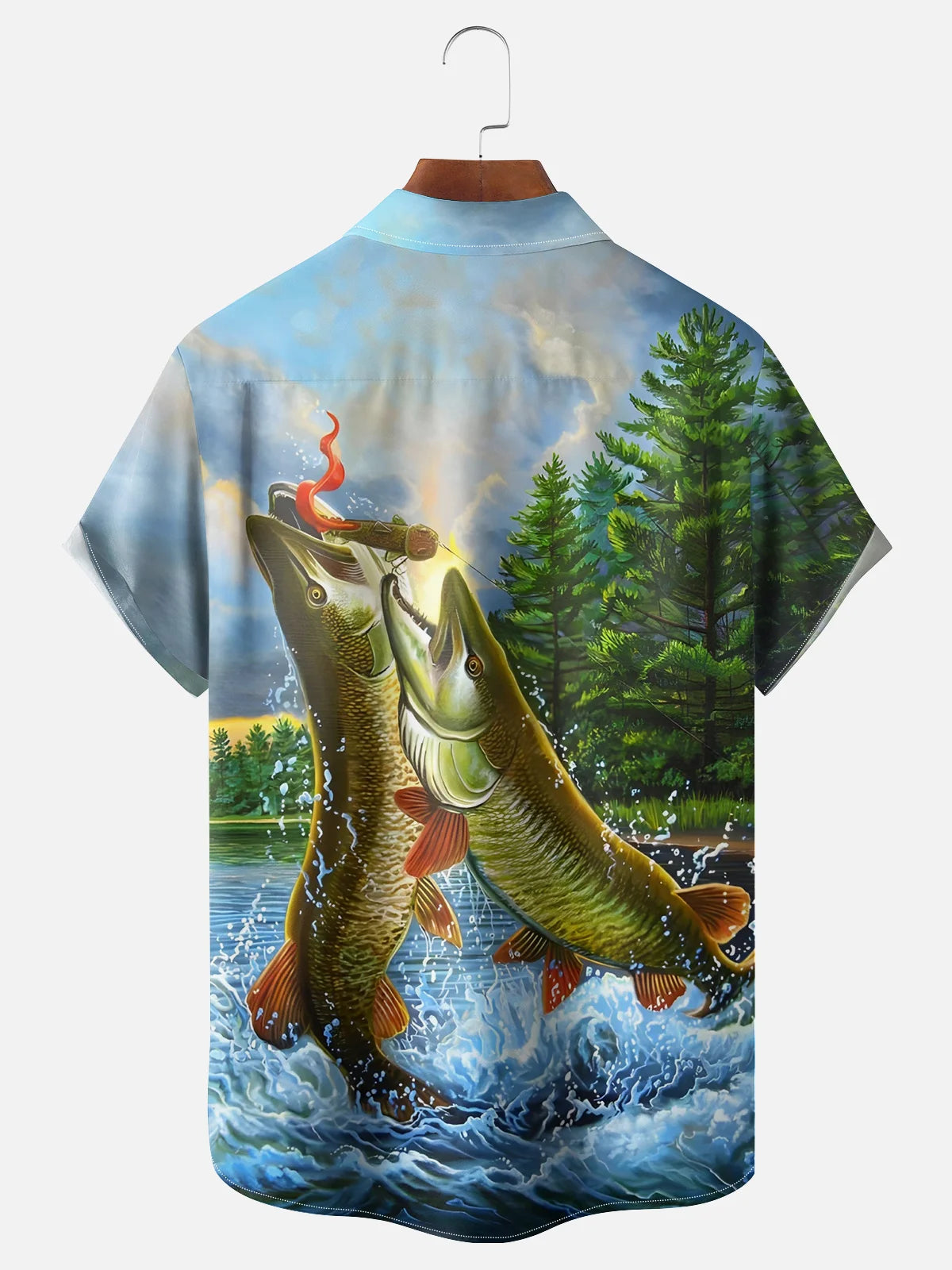 Men's Jumping Pike Bass Fish Forest Lake Hawaiian Shirt