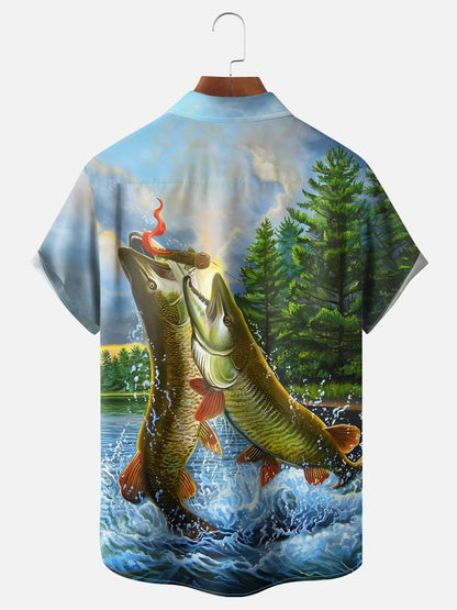 Big Bass Pike Jumping River Pine Tree Fishing Shirt