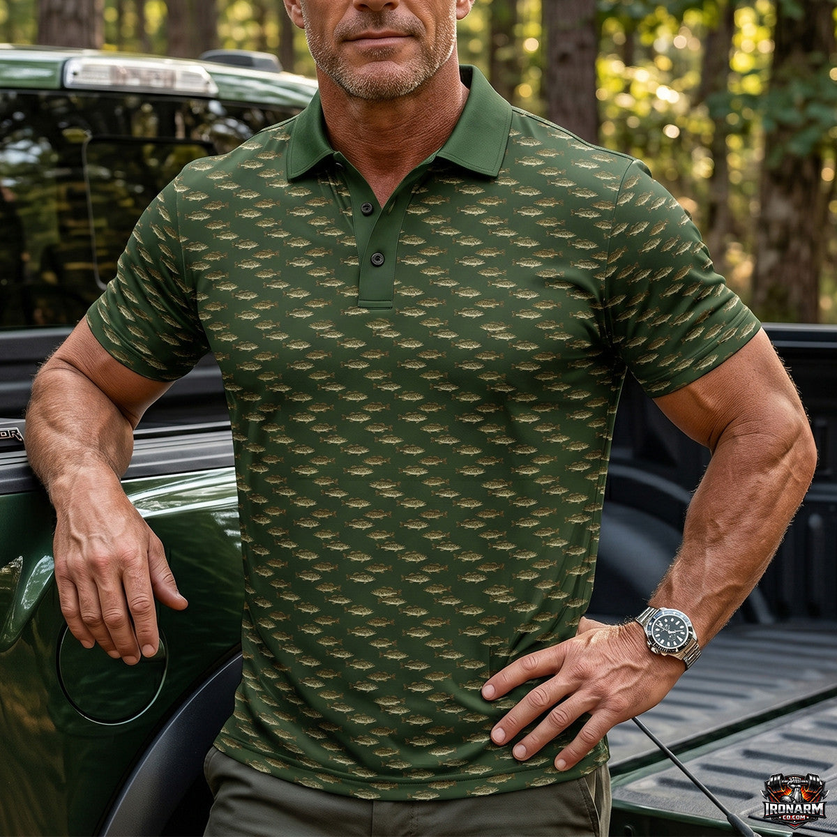 Men's Vintage Bass Print Fishing Polo Shirt – Olive Green