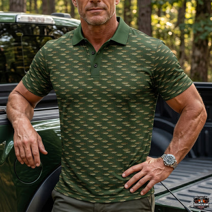 Men's Vintage Bass Print Fishing Polo Shirt – Olive Green