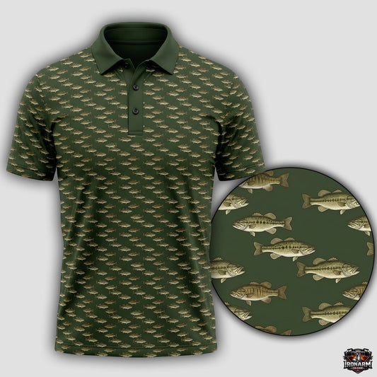 Men's Vintage Bass Print Fishing Polo Shirt – Olive Green