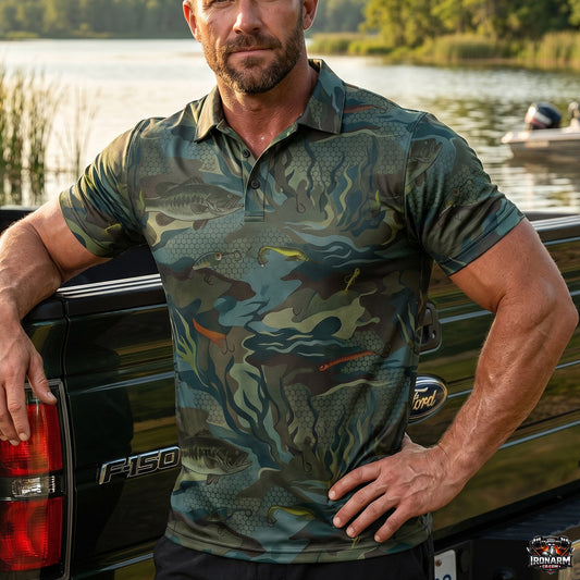 Men's Bass & Lure Camo Fishing Polo Shirt – Green