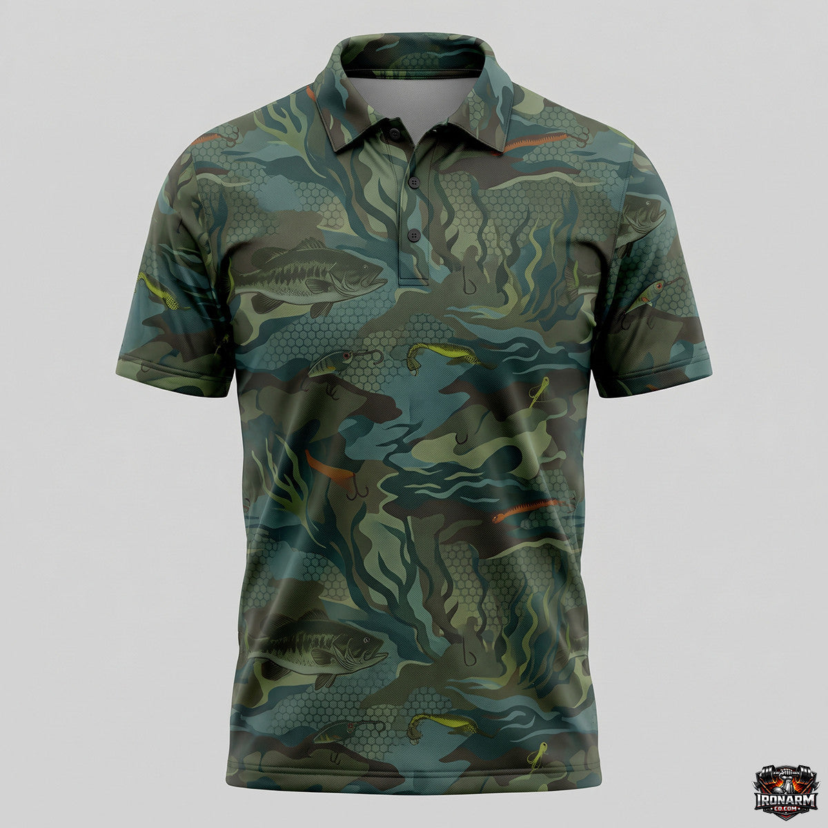 Men's Bass & Lure Camo Fishing Polo Shirt – Green