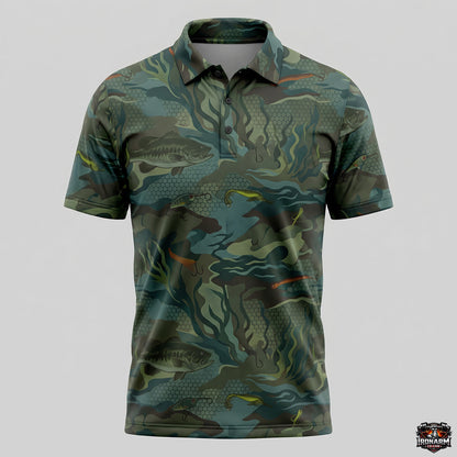 Men's Bass & Lure Camo Fishing Polo Shirt – Green