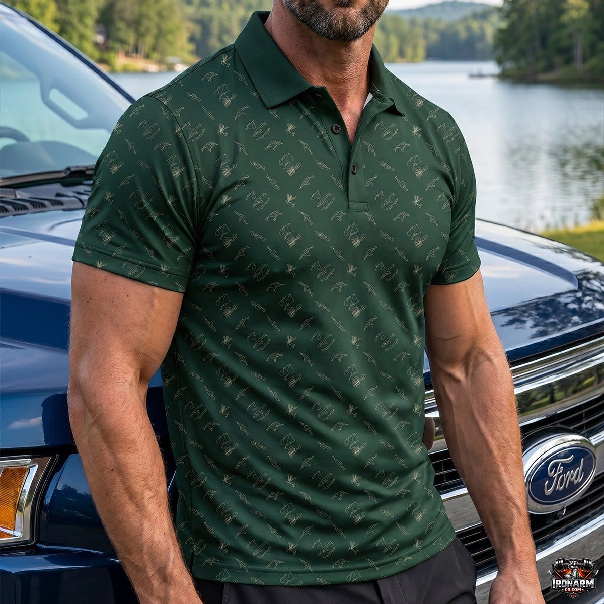 Men's Fly Fishing Lure Print Polo Shirt – Forest Green