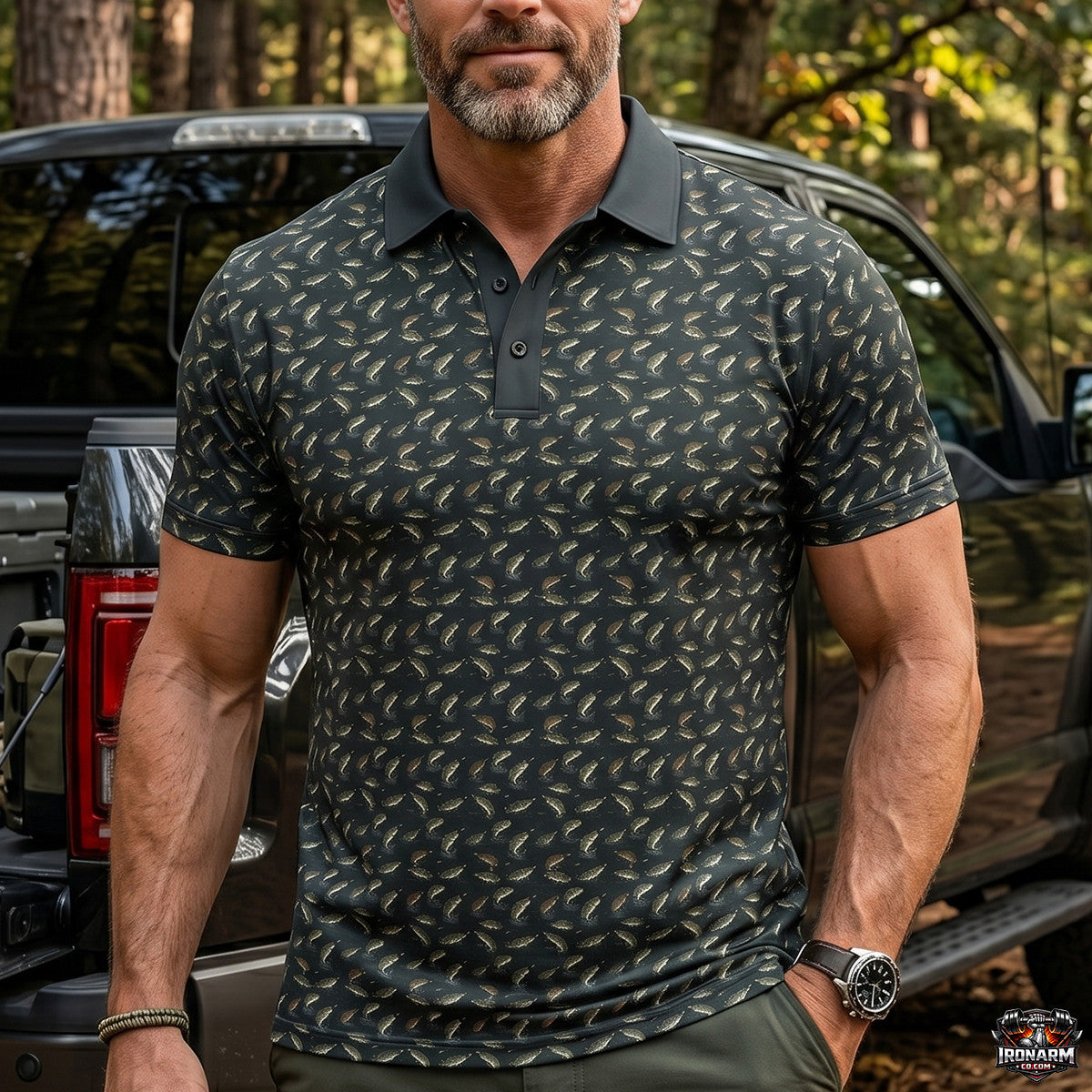 Men's Baitfish Minnow Print Fishing Polo Shirt – Charcoal