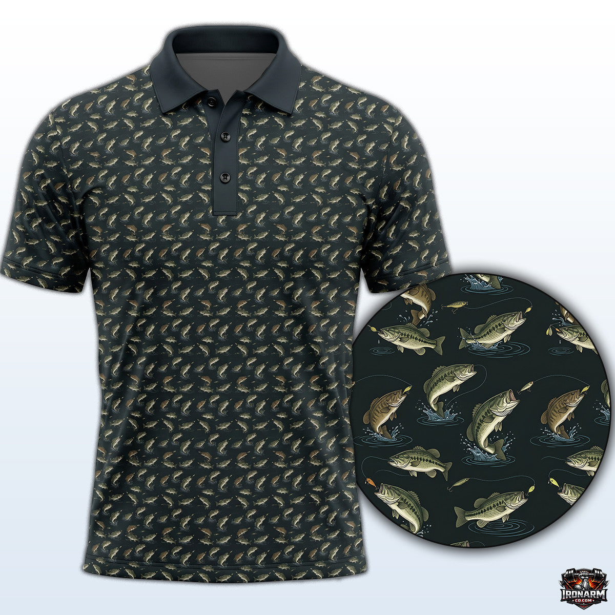 Men's Baitfish Minnow Print Fishing Polo Shirt – Charcoal