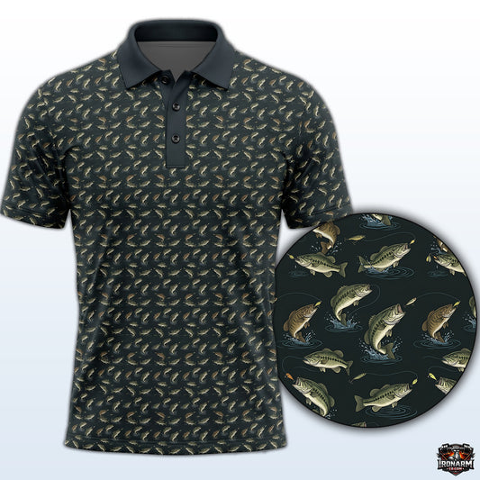 Men's Baitfish Minnow Print Fishing Polo Shirt – Charcoal