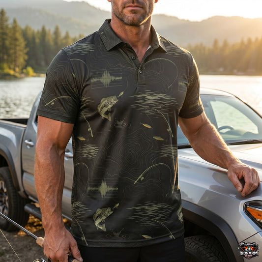 Men's Bass Topo Map & Sonar Print Fishing Polo – Dark Olive