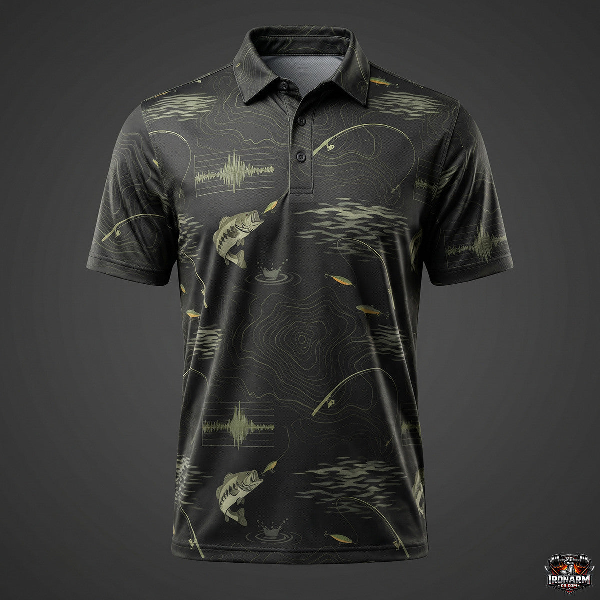 Men's Bass Topo Map & Sonar Print Fishing Polo – Dark Olive