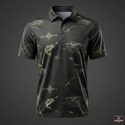 Men's Bass Topo Map & Sonar Print Fishing Polo – Dark Olive