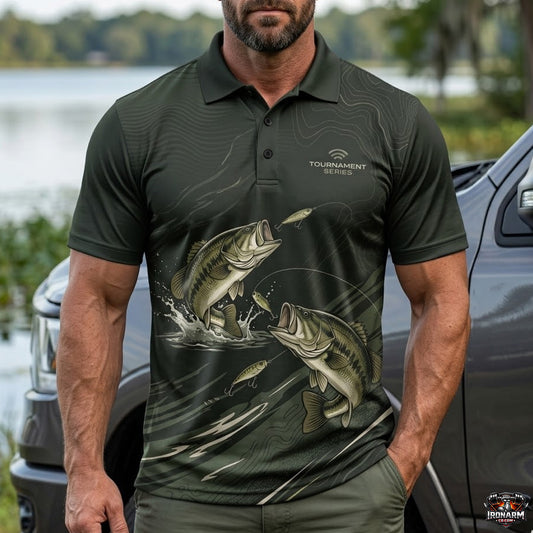 Men's Jumping Bass Tournament Fishing Polo Shirt – Olive