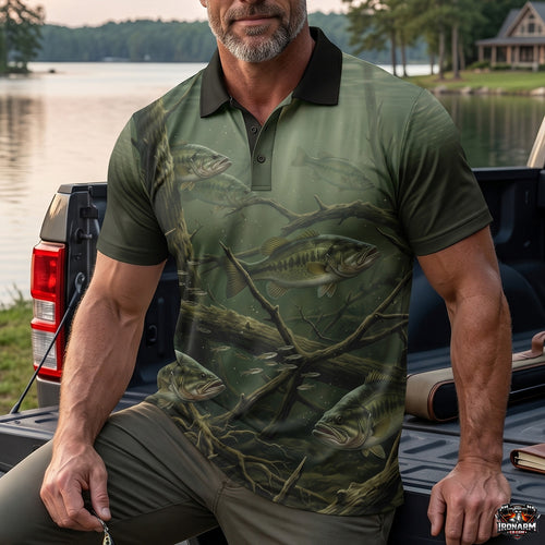 Men's Topo Map Camo Bass Fishing Polo Shirt – Green
