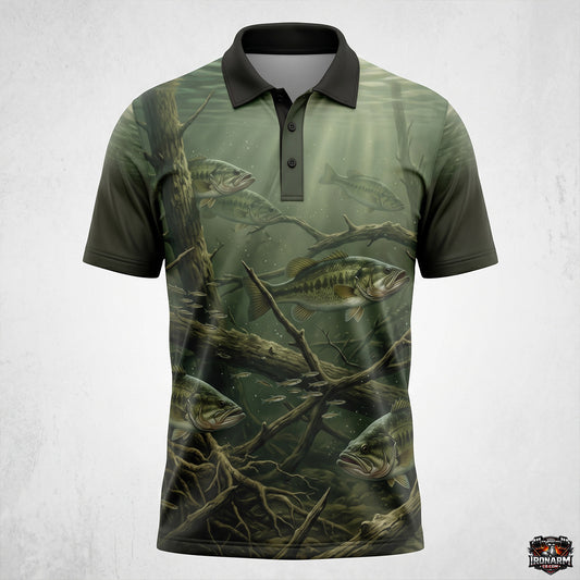 Men's Topo Map Camo Bass Fishing Polo Shirt – Green