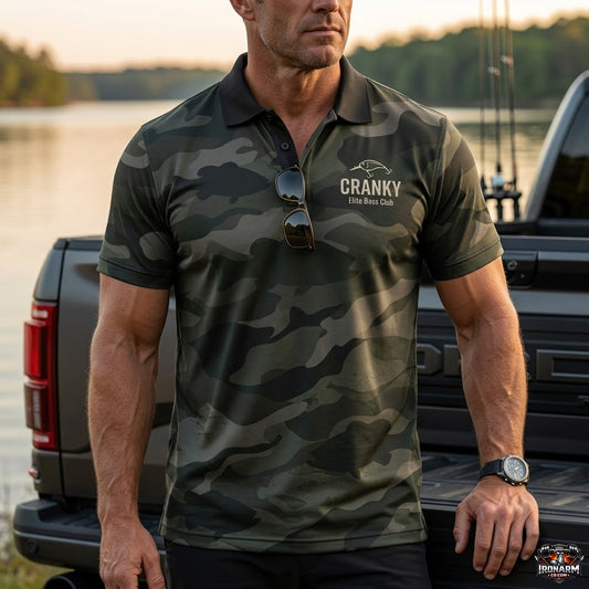 Cranky Elite Bass Club Green Camo Men's Performance Polo Shirt