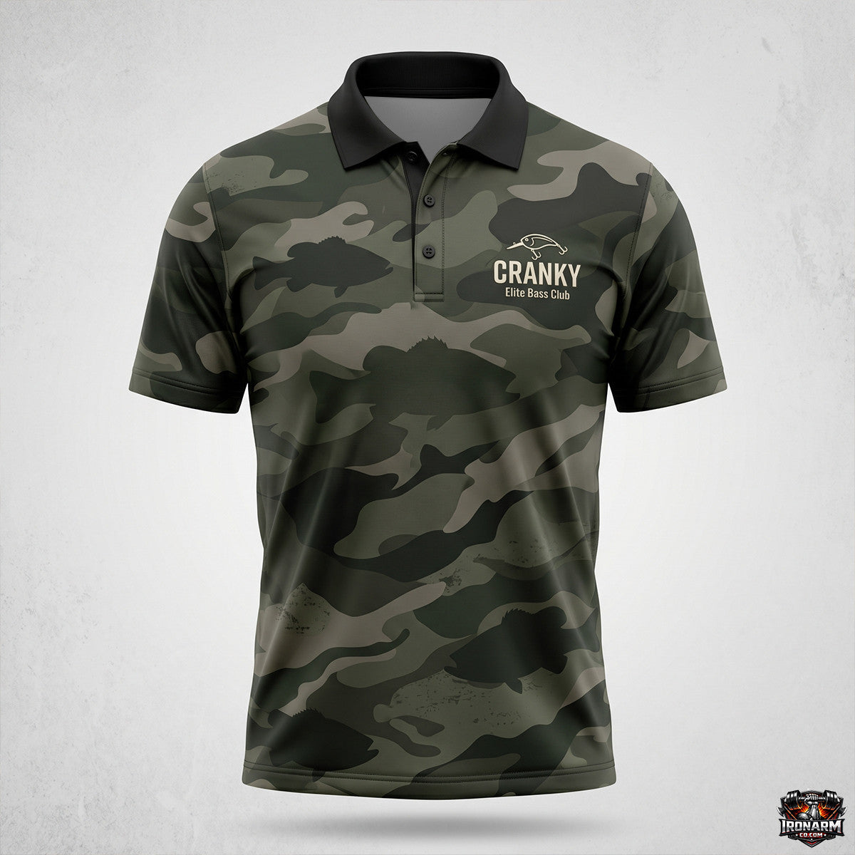 Cranky Elite Bass Club Green Camo Men's Performance Polo Shirt