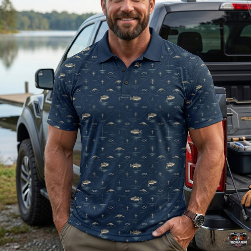 Fisher of Men Cross & Bass Navy All-Over Print Men's Christian Polo Shirt