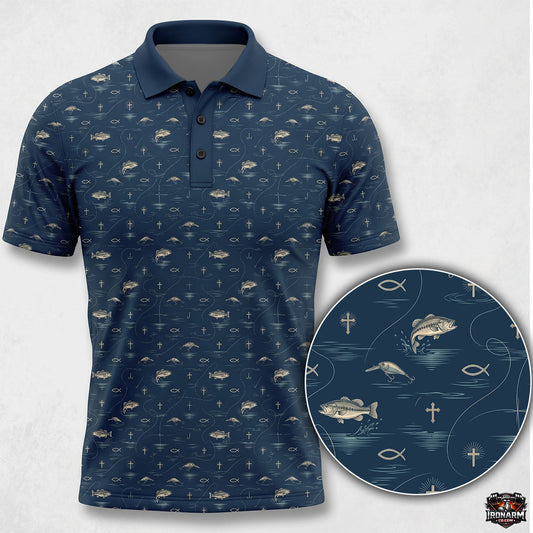 Fisher of Men Cross & Bass Navy All-Over Print Men's Christian Polo Shirt