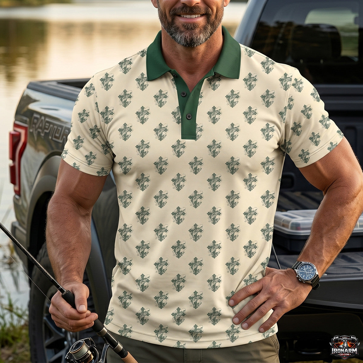 Vintage Bass & Cross Crest Cream Men's Performance Polo Shirt with Green Collar