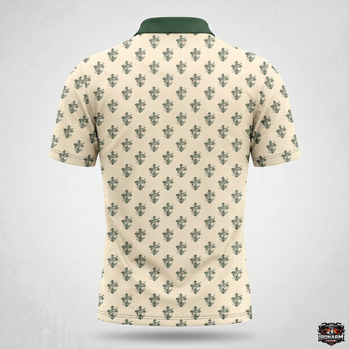 Vintage Bass & Cross Crest Cream Men's Performance Polo Shirt with Green Collar