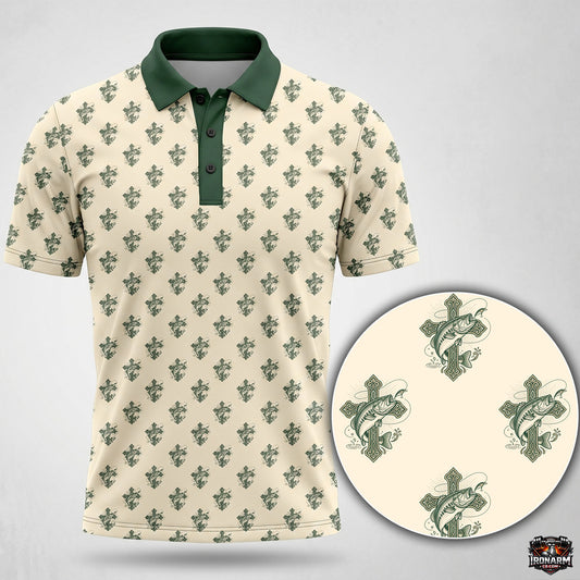 Vintage Bass & Cross Crest Cream Men's Performance Polo Shirt with Green Collar