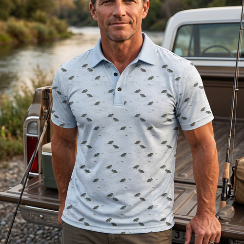 Topwater Bass Strike Ripple Light Blue Men's Performance Polo Shirt