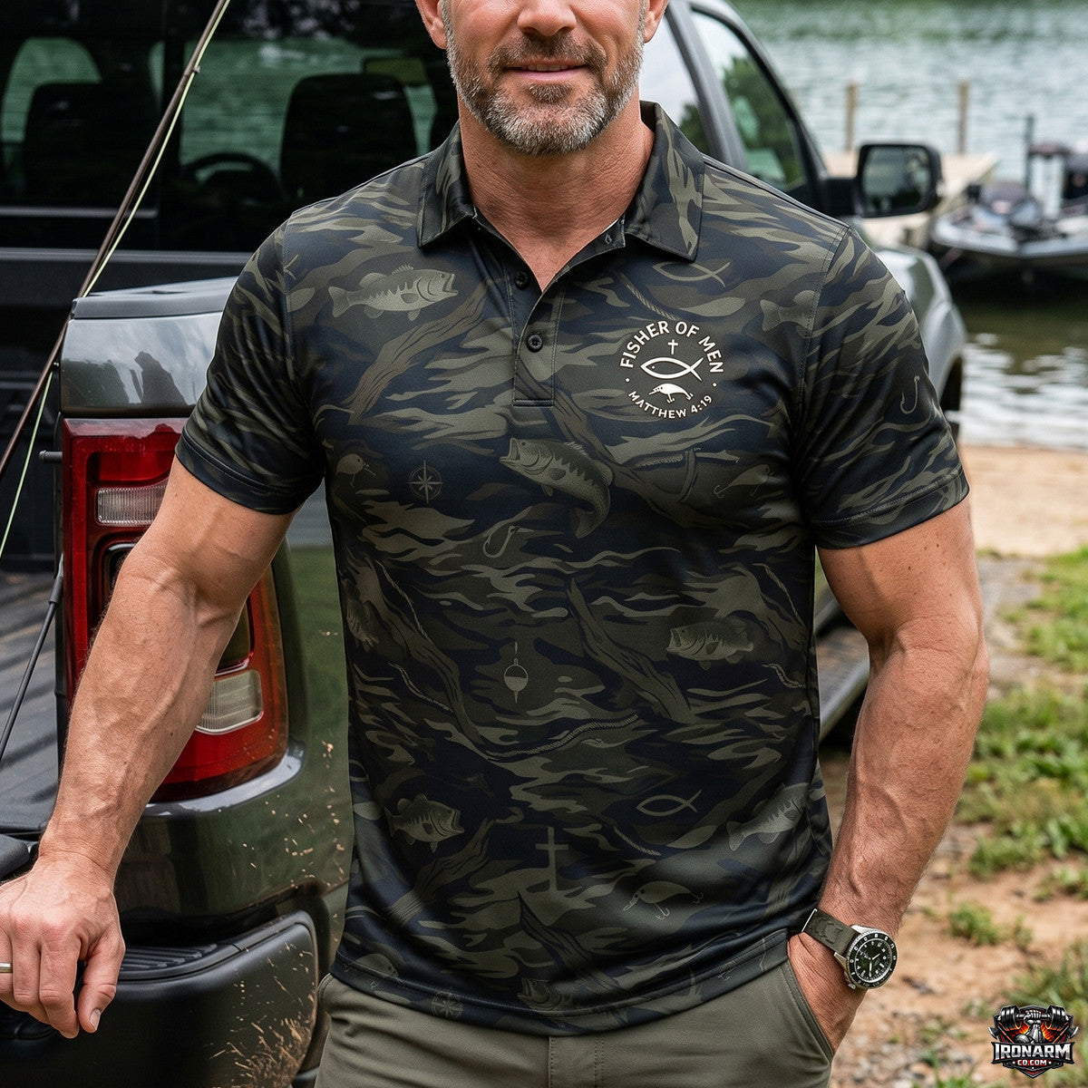 Fisher of Men Matthew 4:19 Bass Camo Men's Christian Performance Polo Shirt