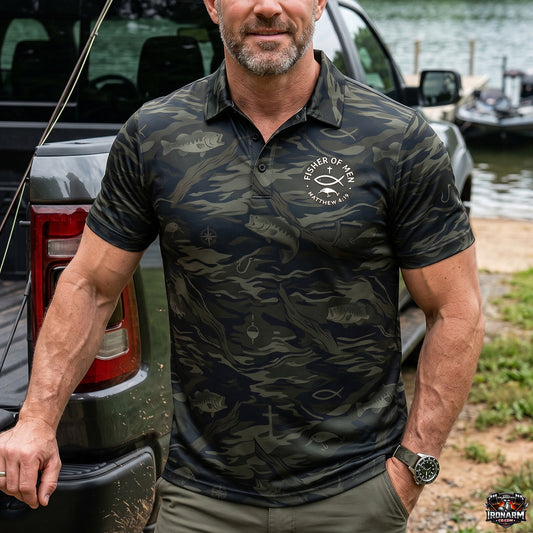 Fisher of Men Matthew 4:19 Bass Camo Men's Christian Performance Polo Shirt