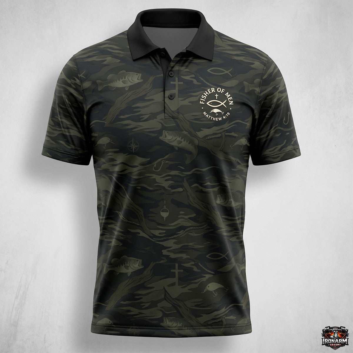 Fisher of Men Matthew 4:19 Bass Camo Men's Christian Performance Polo Shirt