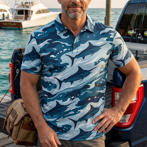 Blue Marlin Ocean Camo Men's Offshore Performance Polo Shirt