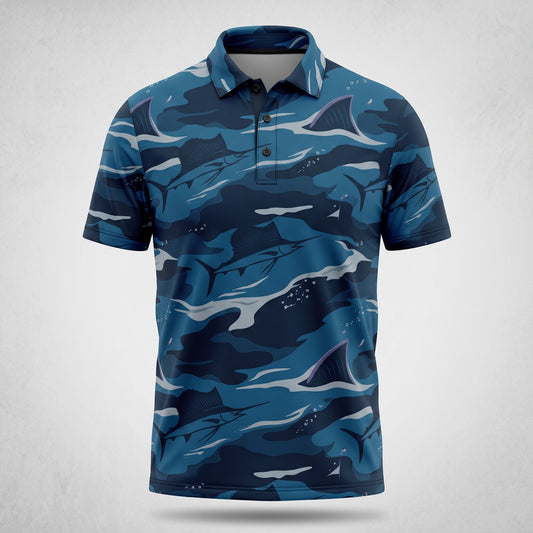 Sailfish & Marlin Deep Blue Camo Men's Saltwater Performance Polo Shirt