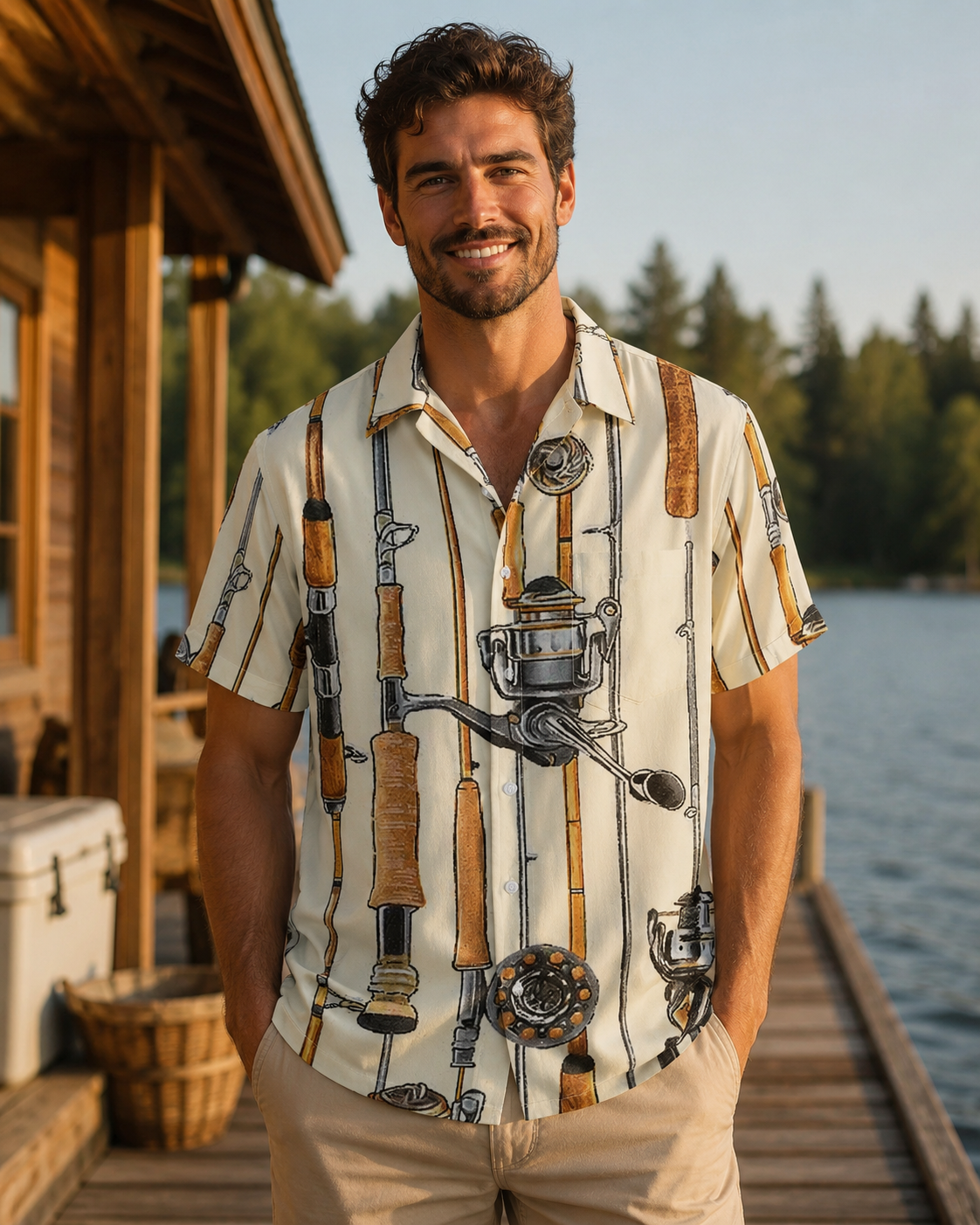 Men's Vintage Fishing Rod Reel Hawaiian Shirt | Short Sleeve