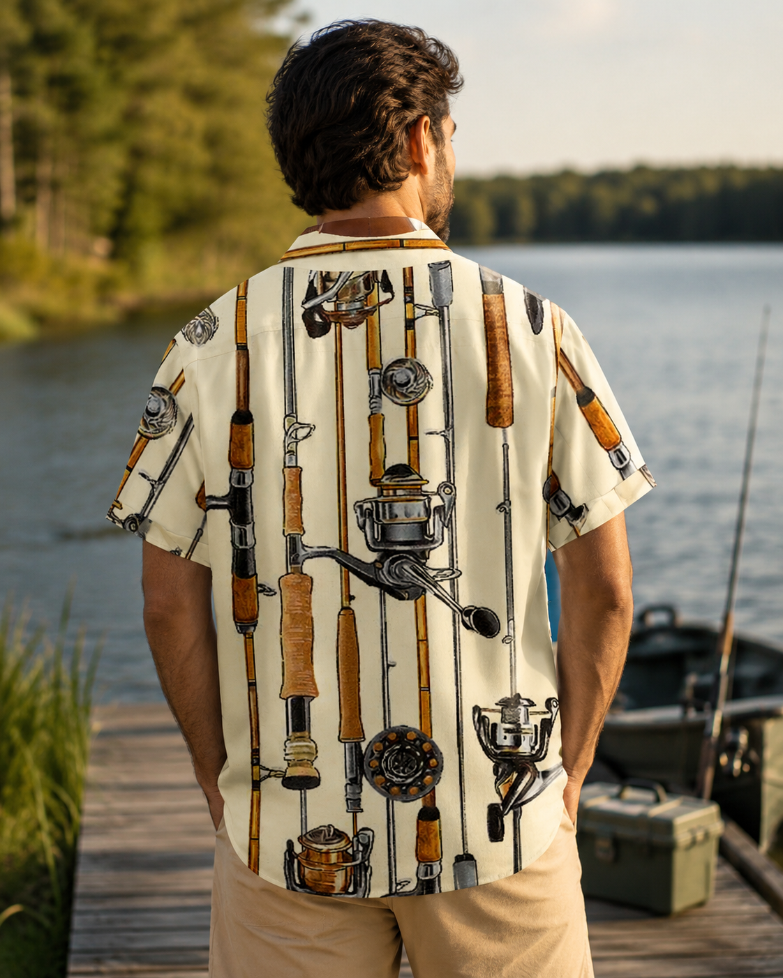 Men's Vintage Fishing Rod Reel Hawaiian Shirt | Short Sleeve
