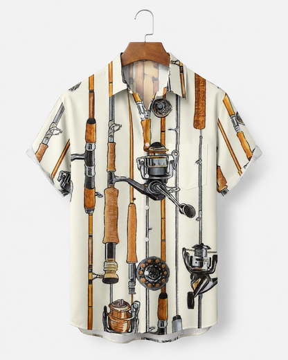 Men's Vintage Fishing Rod Reel Hawaiian Shirt | Short Sleeve